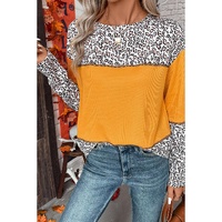 Vitality Orange Leopard Print Waffle Knit Patchwork Top - M thumbnail