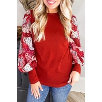 Fiery Red Contrast Mixed Animal Print Lantern Sleeve Patchwork Top - S thumbnail