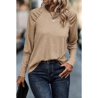 Pale Khaki Solid Ruched Raglan Sleeve Knit Top - L thumbnail