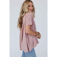 Light Pink Ruffled Trim Loose Babydoll Tee - L thumbnail