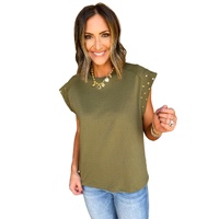 Guacamole Green Studded Short Sleeve Top - L thumbnail