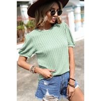 Mist Green Textured Round Neck Short Puff Sleeve Top - L thumbnail