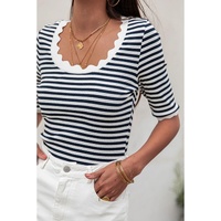 Black Striped Contrast Scallop Trim Half Sleeve T-shirt - XL thumbnail