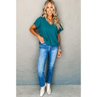 Blue Sapphire Crinkled V Neck Wide Sleeve T-shirt - M thumbnail