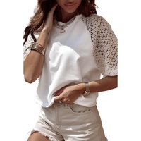 White Pointelle Lace Half Sleeve Crew Neck Tee - S thumbnail