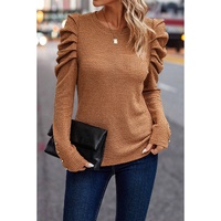 Chestnut Solid Color Textured Buttoned Gigot Sleeve Top - L thumbnail