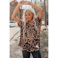 Brown Leopard Print V Neck Half Sleeve Oversized Tee - L thumbnail