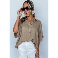 Simply Taupe Collared Half Buttons Folded Short Sleeve Oversize Top - M thumbnail