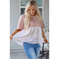 Pink Waffle Floral Patchwork Exposed Seam Detail Short Sleeve Top - L thumbnail