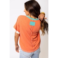 Grapefruit Orange Contrast Trim Exposed Seam V Neck T-shirt - S thumbnail