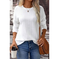 White Round Neck Drop Shoulder Textured Knit Top - S thumbnail