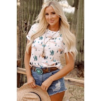Beige Western Cactus Print Crew Neck Short Sleeve Top - L thumbnail