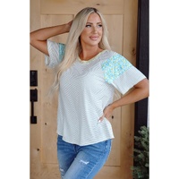 White Stripe Floral Insert Sleeves Contrast Round Neck Tee - L thumbnail
