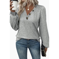 Azura Exchange Light Grey Buttoned V Neck Ribbed Puff Sleeve Top - S thumbnail