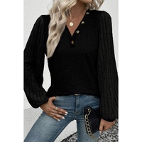 Azura Exchange Black Buttoned V Neck Ribbed Puff Sleeve Top - S thumbnail
