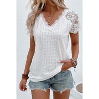 White Sheer Lace Short Sleeves Eyelet Embroidered Tee - S thumbnail