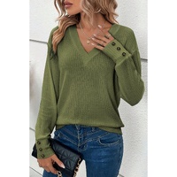 Jungle Green Textured Knit V Neck Button Cuffs Long Sleeve Top - S thumbnail