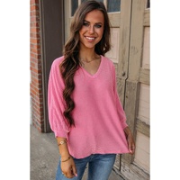 Strawberry Pink Striped Print Bracelet Sleeve V Neck Top - L thumbnail