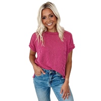 Rose Red Textured Knit Exposed Stitching T-shirt - M thumbnail