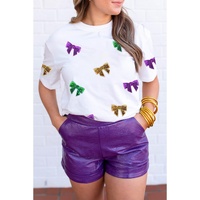 White Mardi Gras Sequin Bow Knot Crew Neck T Shirt - XL thumbnail