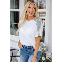White Chevron Patchwork Raglan Sleeve Knitted T Shirt - S thumbnail