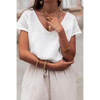 White Lace Crochet Textured Button Back V Neck T Shirt - XL thumbnail