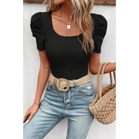 Black Waffle Knit Ruched Puff Sleeve Top - M thumbnail