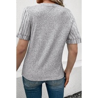 Gray Ribbed Splicing Sleeve Round Neck T-shirt - S thumbnail