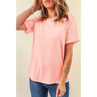 Pink Casual Plain Crew Neck Tee - XL thumbnail