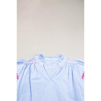 Sky Blue Stripe Ricrac Trim Split Neck Striped Ruffled Sleeve Blouse - L thumbnail