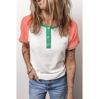 White Colorblock Textured Raglan Sleeve Henley T shirt - S thumbnail