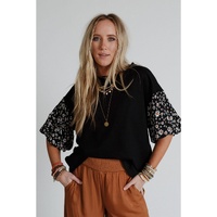 Black Contrast Floral Puff Sleeve Oversized Top - S thumbnail