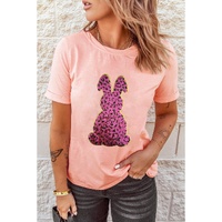 Pink Sequined Leopard Bunny Easter Graphic Tee - S thumbnail