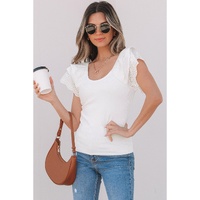 White Eyelet Ruffle Sleeve Slim Fitted Top - 2XL thumbnail