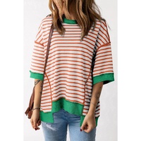 Orange Stripe Oversized Contrast Trim Exposed Seam High Low T Shirt - L thumbnail