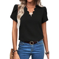 Black Scalloped V Neckline Petal Sleeve Top - S thumbnail
