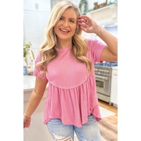 Peach Blossom Subtle Ribbed Short Sleeve Babydoll Top - L thumbnail