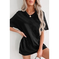 Black Solid Color Round Neck Basic Tunic T Shirt - S thumbnail