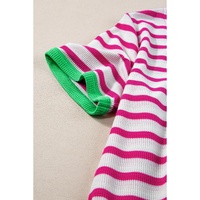 Rose Stripe Contrast Trim Crew Neck Loose Short Sleeve Top - L thumbnail