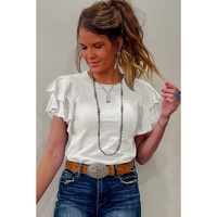 White Layered Ruffle Short Sleeve Round Neck Top - L thumbnail