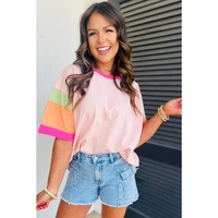 Pink Color Block Stitching Sleeve Round Neck Oversize Top - 2XL thumbnail