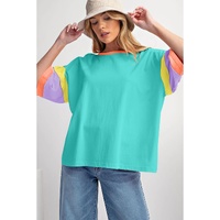 Light Blue Color Block Stitching Sleeve Round Neck Oversize Top - L thumbnail