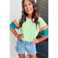 Green Color Block Stitching Sleeve Round Neck Oversize Top - L thumbnail