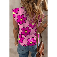 Pink Flower Print Round Neck Cap Sleeve T Shirt - L thumbnail