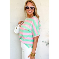 Pink Stripe Colorblock Cuffed Sleeve Loose Tee - M thumbnail