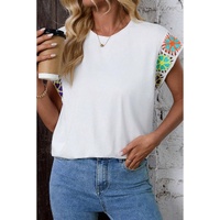 White Floral Crochet Sleeve Crew Neck Top - L thumbnail