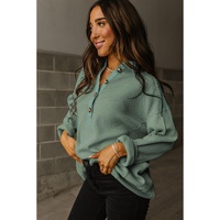 Smoke Green Waffle Long Sleeve Collar Half Button Loose Top - L thumbnail
