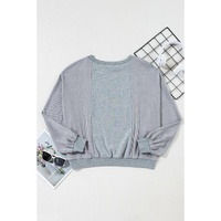 Light Grey Waffle Patchwork Long Sleeve Raw Hem Pullover Top - L thumbnail