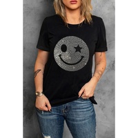 Black Sparkle Rhinestone Smile Face Graphic T Shirt - 2XL thumbnail