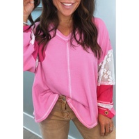Bonbon Lace Floral Patchwork Sleeve Stitching V Neck Rib Knit Blouse - L thumbnail